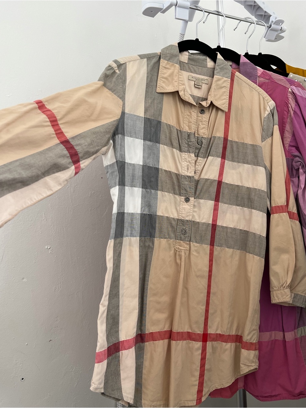 Burberry Beige Plaid Button-Front Jean Jacket with Red and Gray Accents - Picture 6 of 8
